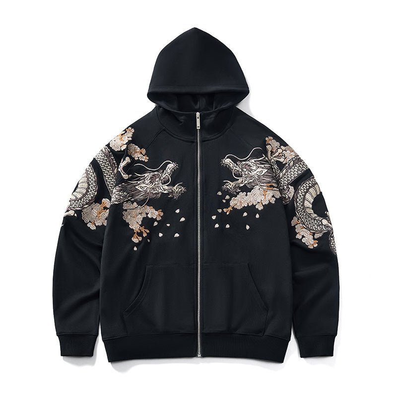 Kitsune Fox Embroidery Zipper Hoodie