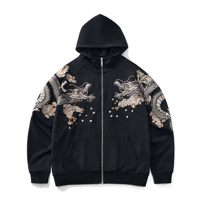 Kitsune Fox Embroidery Zipper Hoodie
