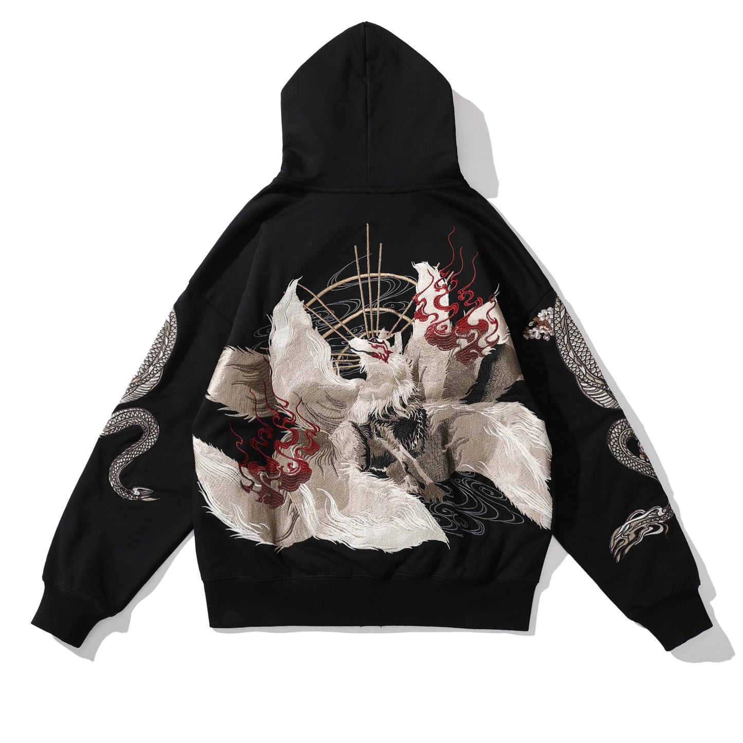 Kitsune Fox Embroidery Zipper Hoodie