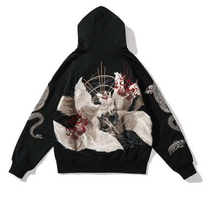 Kitsune Fox Embroidery Zipper Hoodie
