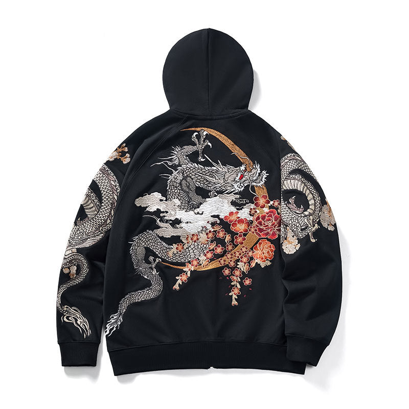 Dragon Duo Embroidery Zipper Hoodie
