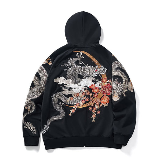 Dragon Duo Embroidery Zipper Hoodie