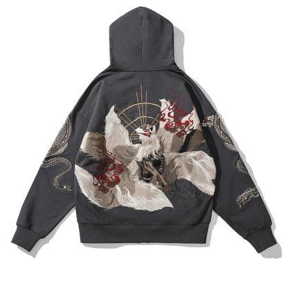Kitsune Fox Embroidery Zipper Hoodie