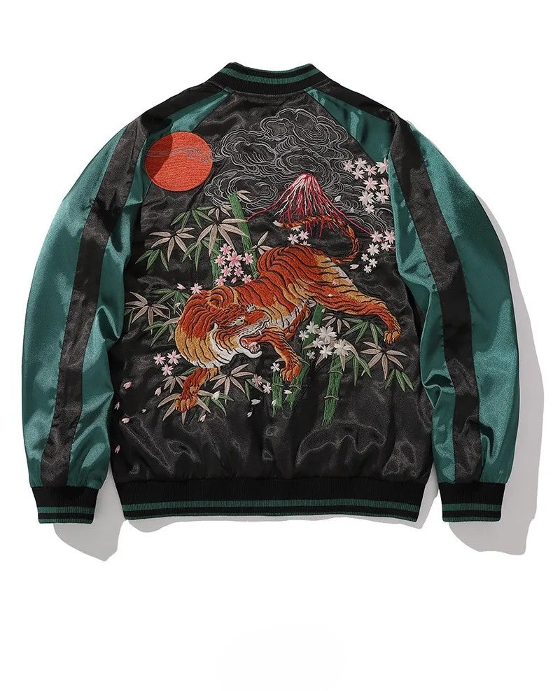 Embroidered jacket with a tiger design on a black background
